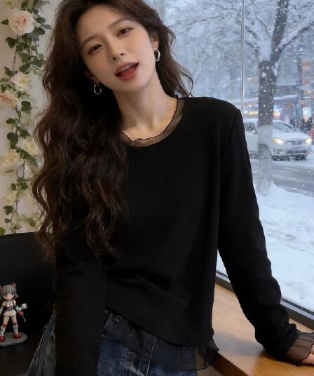 검정색 쉬폰 레이스 패치워크 긴팔 티셔츠 여성 2026 봄 가을 새로운 인사이드 가져 가라. 기본 셔츠 슬림해 보이는 캐주얼 맨위