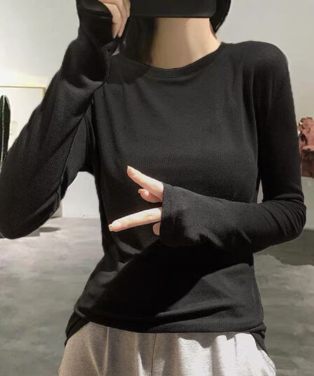검정색 기본 셔츠 여성 봄 2026 새로운 단색 인사이드 가져 가라. 긴팔 가면 티셔츠 여성 라운드 넥 얇은 스타일 맨위 ins