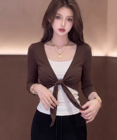 2026 년 가을 새로운 프랑스식 예술 계열 스트랩 오픈 가디건 긴팔 티셔츠 여성 패치워크 슬립 맨위 작은 키