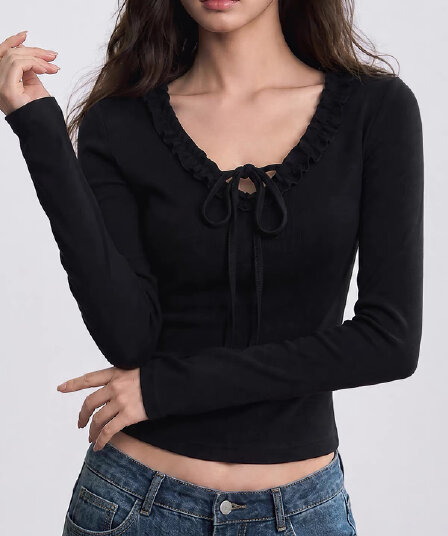 아메리칸 검정색 V넥 프릴 긍정적 인 어깨 긴팔 티셔츠 여성 이른 가을 가을 몸매 가꾸기 허리 수축 인사이드 가져 가라. 기본 셔츠 맨위