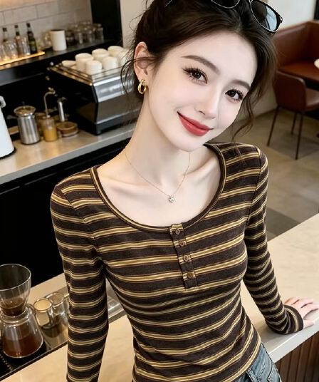순수한 욕망 바람 레트로 스트라이프 배색 라운드 넥 긴팔 티셔츠 가을 새로운 몸매 가꾸기 슬림해 보이는 단추 기본 셔츠 맨위