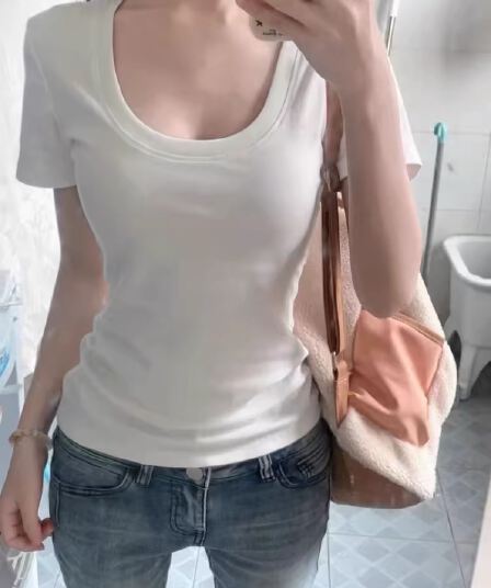 순수한 욕망 바람 화이트 u 칼라 긍정적 인 어깨 반팔 티셔츠 여성 여름 미니멀리즘 빅 사이즈 몸매 가꾸기 디스플레이 몸 다용도 핫걸 맨위