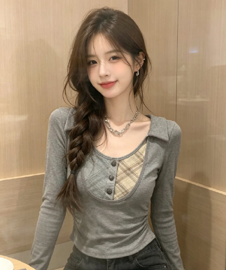 열세 개 2026 이른 가을 새로운 한국 스타일 페이크 레이어드 긴팔 티셔츠 여성 체크무늬 패치워크 페이크 레이어드 쇼트 스타일 맨위