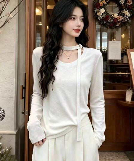 한 부서 미니멀리즘 디자인 센스 리본 라운드 넥 긴팔 티셔츠 여성 2026 가을 겨울 새로운 슬림해 보이는 기본 셔츠 맨위 트렌디