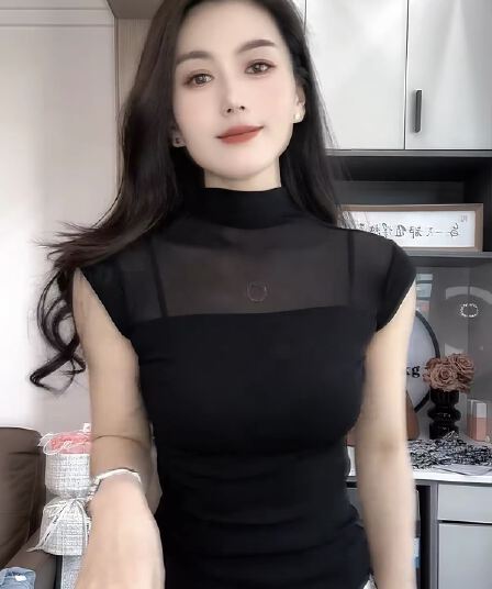2026 여름 새로운 외국 가스 패션 디자인 센스 기본 셔츠 품격 반하이넥 망사 패치워크 작은 날다 소매 티셔츠