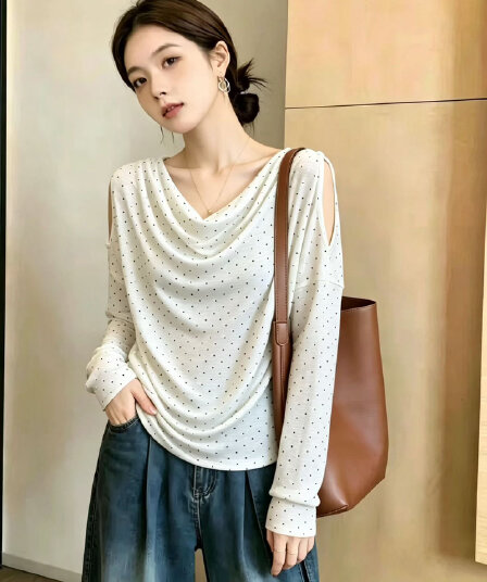 프랑스식 레트로 흔들다 칼라 도트 무늬 오프숄더 기본 셔츠 여성 가을 빅 사이즈 통통한 여동생 고급 센스 품격 슬림해 보이는 맨위