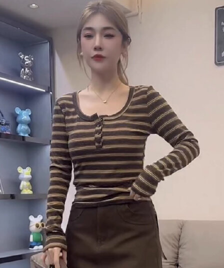 레트로 스타일 u 칼라 단추 스트라이프 긴팔 기본 셔츠 티셔츠 여성 2026 가을 새로운 인사이드 가져 가라. 몸매 가꾸기 슬림해 보이는 맨위