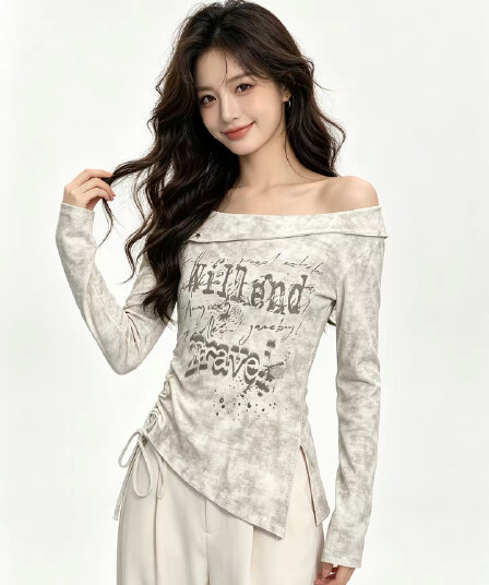 아메리칸 레트로 순수한 욕망 핫걸 알파벳 프린트 비스듬한 어깨 펌프 로프 허리 수축 긴팔 티셔츠 여성 이른 가을 ins 슬림해 보이는 맨위