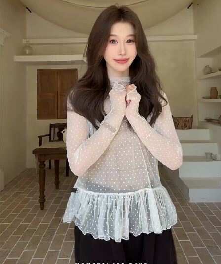 투명 도트 무늬 레이스 망사 반하이넥 긴팔 인사이드 가져 가라. 기본 셔츠 여성 가을 스택 착용 Tulle 맨위 한 부서