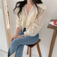 批发chic早春季蕾丝<b class='q'>娃娃领</b>雪纺衬衫女高级设计感小众法式甜美别致上衣