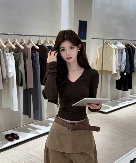 빛 요리 한 바람 깊은 커피 색상 V넥 긴팔 티셔츠 가을 여자 2026 새로운 몸매 가꾸기 빛 사람들 코치 착용 잡아라. 의류