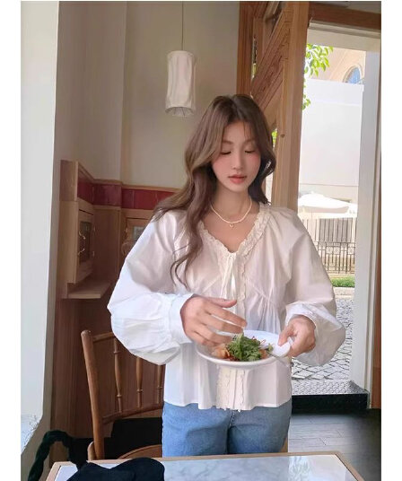 보존 폭발 추천 부드러운 소녀 프랑스식 프릴 레이스업 V넥 화이트 여성 셔츠 가을 맨위