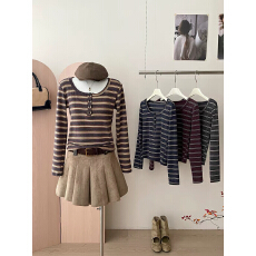 批发日韩系复古条纹亨利纽扣领T恤女秋正肩休闲显瘦内百搭打底衫上衣