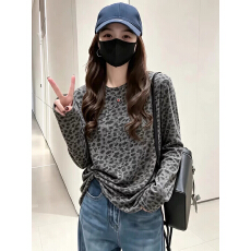 批发复古豹纹圆领长袖T恤女早秋<b class='q'>新款</b>休闲时尚内搭打底衫气质显瘦上衣