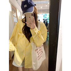 批发曾小咸 韩系黄色条纹翻领长袖衬衫女早秋季宽松休闲衬衣<b class='q'>开衫</b>外套