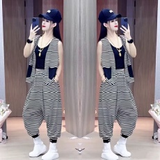 批发1025#夏季新款马甲<b class='q'>哈伦裤</b>三件套显瘦休闲时尚宽松条纹<b class='q'>套装</b>女