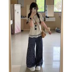 批发1066#<b class='q'>运动</b>套装<b class='q'>女</b>夏季韩版宽松时尚蕾丝拼接短袖<b class='q'>长裤</b>休闲两件套