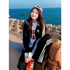 批发休闲运动服套装女春秋季翅膀可拆卸三条杠宽松连帽卫衣长<b class='q'>裤</b>两件套
