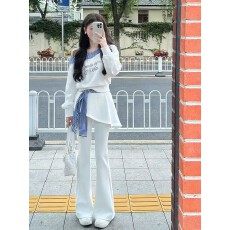 批发<b class='q'>时尚</b><b class='q'>套装</b><b class='q'>女</b>春秋季新款韩版气质拼接条纹斜肩长袖休闲微喇裤两件套