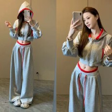 批发学院风辣妹运动套装女<b class='q'>春</b>秋季拼色连帽短款卫衣时尚休闲长裤两件套