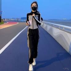 批发休闲运动套装女<b class='q'>春</b>秋季新款气质时尚修身长袖拼色阔腿裤跑步两件套