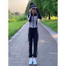批发休闲运动套装女<b class='q'>春</b>秋季新款时尚洋气修身长袖拼色阔腿裤跑步两件套