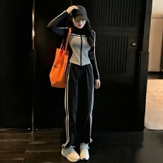 批发撞色休闲运动套装女<b class='q'>春</b>秋季气质跑步服修身短款上衣外套长裤两件套