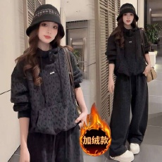 批发加绒加厚时尚套装女冬季新款洋气豹纹连帽卫衣阔腿裤休闲两件套潮