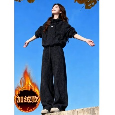 批发时尚套装女<b class='q'>秋</b>冬季新款高级感连帽加绒运动宽松卫衣长裤休闲两件套