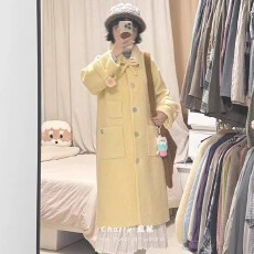 批发日系甜美风翻领黄色毛呢外套女2025冬季<b class='q'>中长款</b>小个子气质呢子大衣
