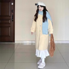 批发日系甜美风翻领黄色毛呢外套女2025冬季<b class='q'>中长款</b>小个子气质呢子大衣