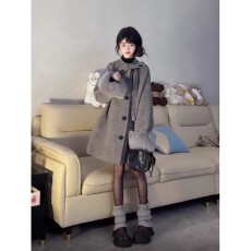 批发赫本风灰色毛呢外套女秋冬季新款<b class='q'>中长款</b>蝴蝶结呢子斗篷大衣小个子