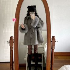 批发赫本风灰色毛呢外套女秋冬季新款<b class='q'>中长款</b>蝴蝶结呢子斗篷大衣小个子