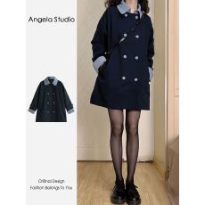 批发秋季赫本风藏青色休闲宽松风衣<b class='q'>外套</b>2025新款女中长款高级感小个子