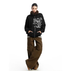 批发美式<b class='q'>街头</b>可拆卸毛领字母印花立领卫衣外套女款春秋季宽松情侣开衫