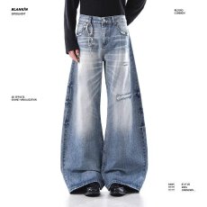 批发复古水洗蓝色猫须弯刀牛仔裤<b class='q'>男</b>女微喇宽松阔腿拖地镰刀裤直筒哈伦