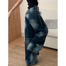 批发复古水洗蓝***须弯刀牛仔裤<b class='q'>男</b>女微喇宽松阔腿拖地镰刀裤直筒哈伦