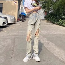 批发大码胖MM辣妹破洞直筒牛仔裤女春<b class='q'>夏</b>季新款高腰高街乞丐拖地长裤子