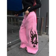 批发CGGA 自制美式<b class='q'>设计</b>感火焰印花抽绳阔腿卫裤男女宽松休闲百搭长裤