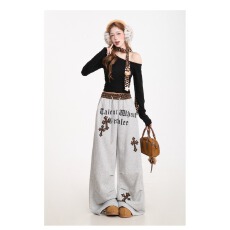 批发美式复古豹纹拼接褶皱弯刀卫裤女秋冬新款<b class='q'>设计</b>感字母宽松阔腿裤子