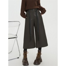 批发微胖mm美拉德咖色pu皮裤阔腿裤女秋冬高腰显瘦宽松直筒八分休闲裤