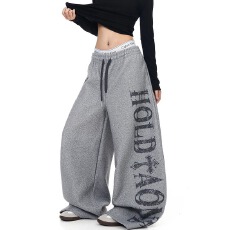 批发BLACKLISTS美式复古字母印花灰色毛呢弯刀裤男女冬加厚宽松阔腿裤