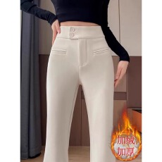 批发大码西装微喇裤女秋冬加绒高腰显瘦垂感弹力女裤子黑色修身喇叭裤