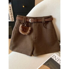 批发大码美拉德咖色a字呢子直筒裤女秋冬靴裤高腰显瘦配腰带毛呢短裤