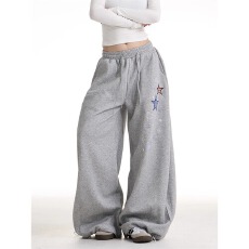 批发美式复古辣妹星星刺绣卫裤男女2025新款宽松显瘦百搭阔腿裤