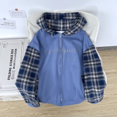 批发原创美式格纹拼接做旧连帽衫卫衣男女秋季<b class='q'>街头</b>宽松休闲开衫外套