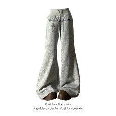 批发薄款纯<b class='q'>棉</b>华<b class='q'>棉</b>复合牛奶丝卫裤女秋冬休闲字母印花系带微喇裤子潮