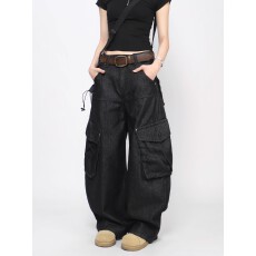 批发美式新概念高街高级感大口袋工装牛仔裤男女设计感宽松阔腿弯刀裤