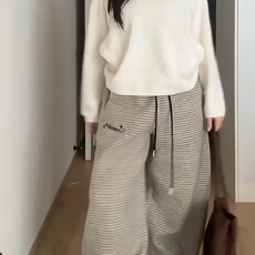 批发阔腿裤女春秋2025新款垂感宽松bf慵懒黑白斜条纹休闲直筒运动裤