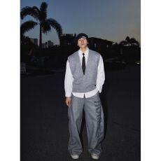 批发原版加厚毛呢字母印花松紧腰休闲阔腿裤男女秋冬休闲弯刀裤